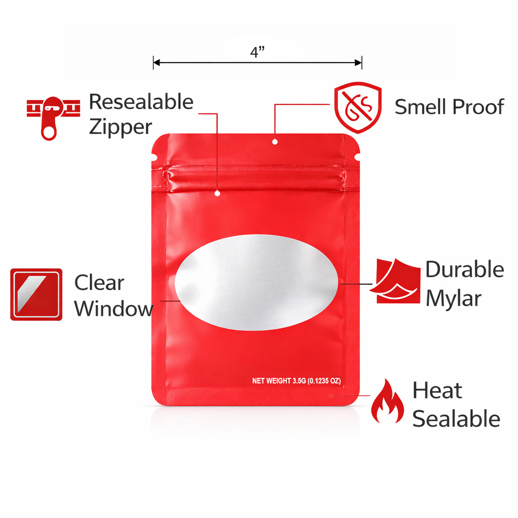 50 Pack – 3.5g Solid Color Mylar Bags with Oval Window - Red