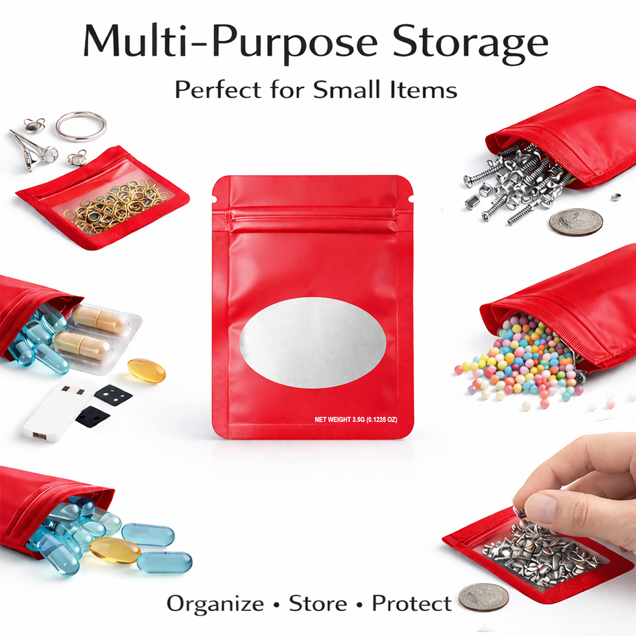 50 Pack – 3.5g Solid Color Mylar Bags with Oval Window - Red