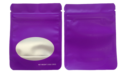 Mylar bag 3.5g, herb Mylar Bags, Where to buy mylar bags, Custom mylar bags near me, Mylar Bags Wholesale. Purple packaging pouch with a white oval object on a white background