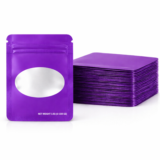 50 Pack – 3.5g Solid Color Mylar Bags with Oval Window - Purple