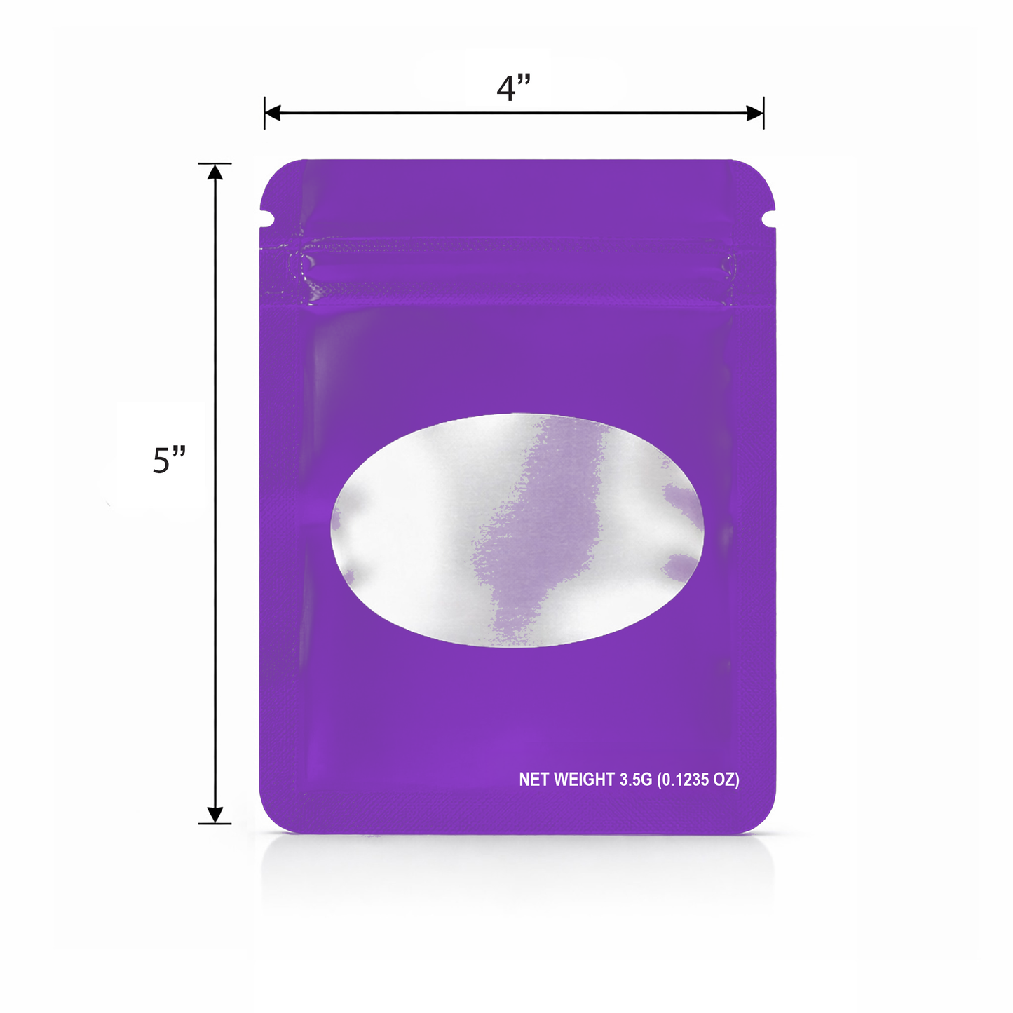50 Pack – 3.5g Solid Color Mylar Bags with Oval Window - Purple