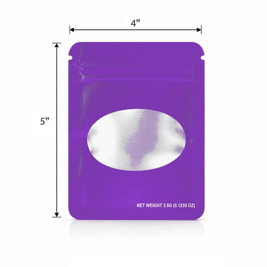 50 Pack – 3.5g Solid Color Mylar Bags with Oval Window - Purple