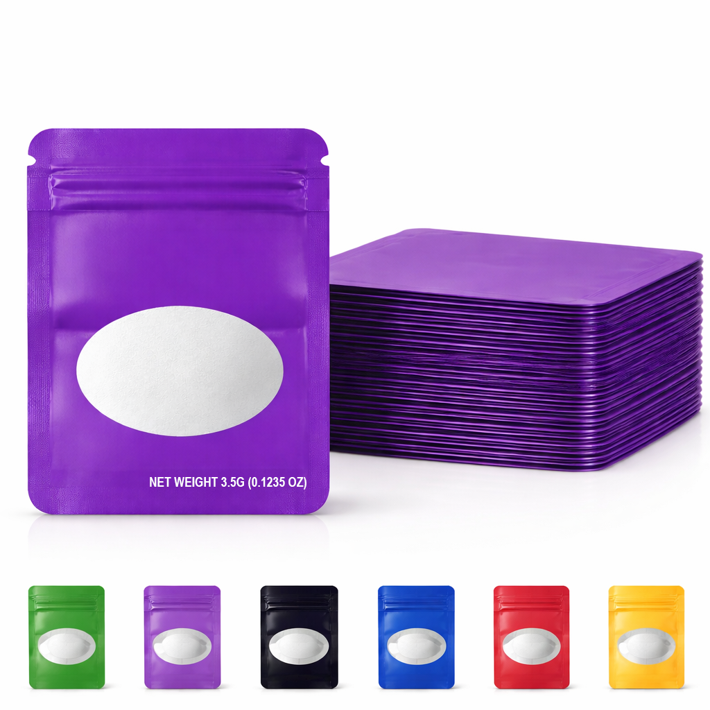 50 Pack – 3.5g Solid Color Mylar Bags with Oval Window - Purple
