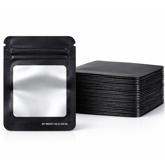 50 Pack – 3.5g Solid Color Mylar Bags with Square Window - Black