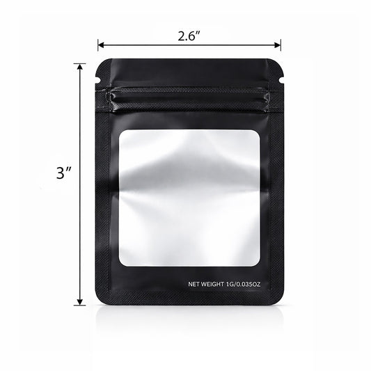 50 Pack – 3.5g Solid Color Mylar Bags with Square Window - Black