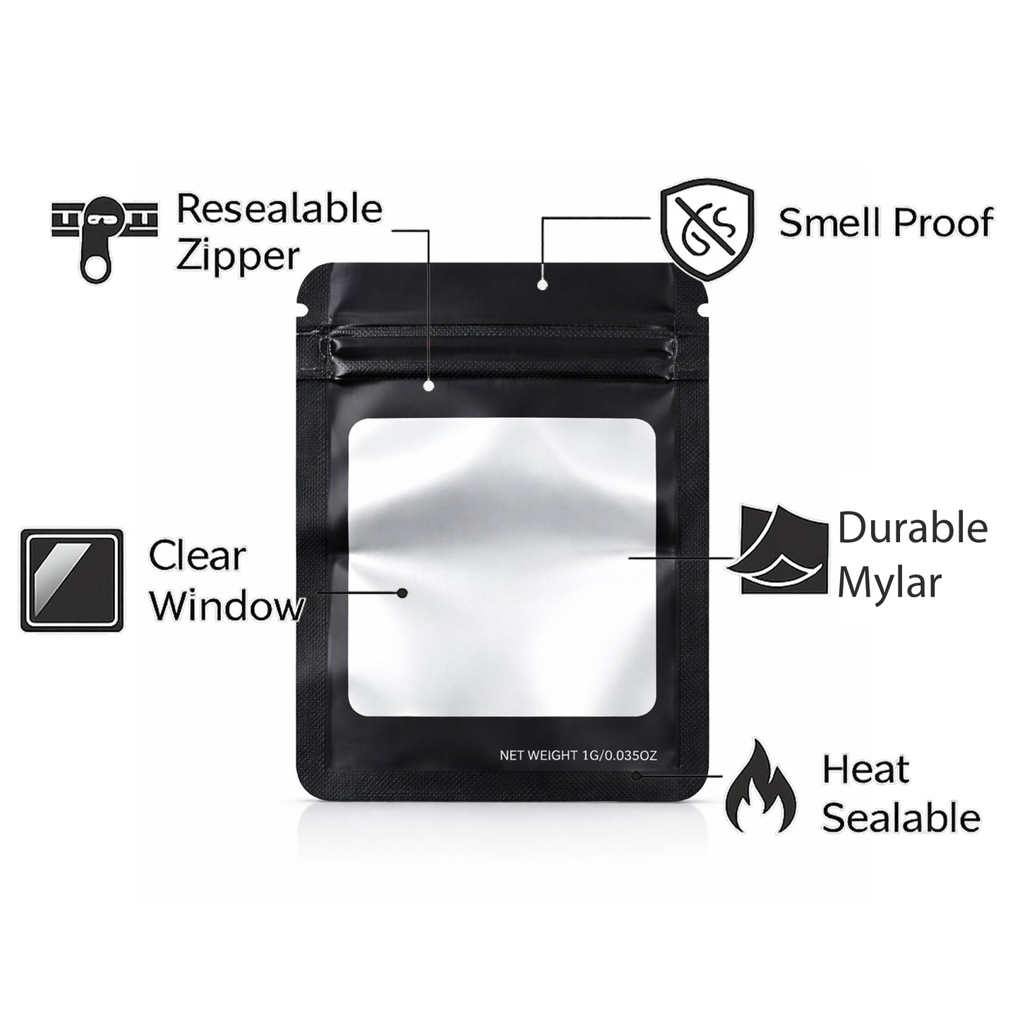 50 Pack – 3.5g Solid Color Mylar Bags with Square Window - Black