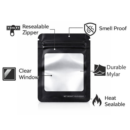 50 Pack – 3.5g Solid Color Mylar Bags with Square Window - Black