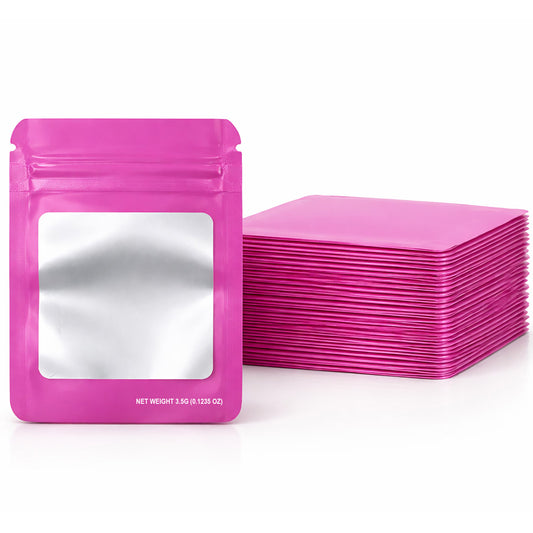 50 Pack – 3.5g Solid Color Mylar Bags with Square Window - Pink