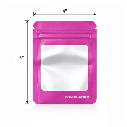 50 Pack – 3.5g Solid Color Mylar Bags with Square Window - Pink