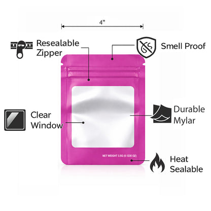 50 Pack – 3.5g Solid Color Mylar Bags with Square Window - Pink