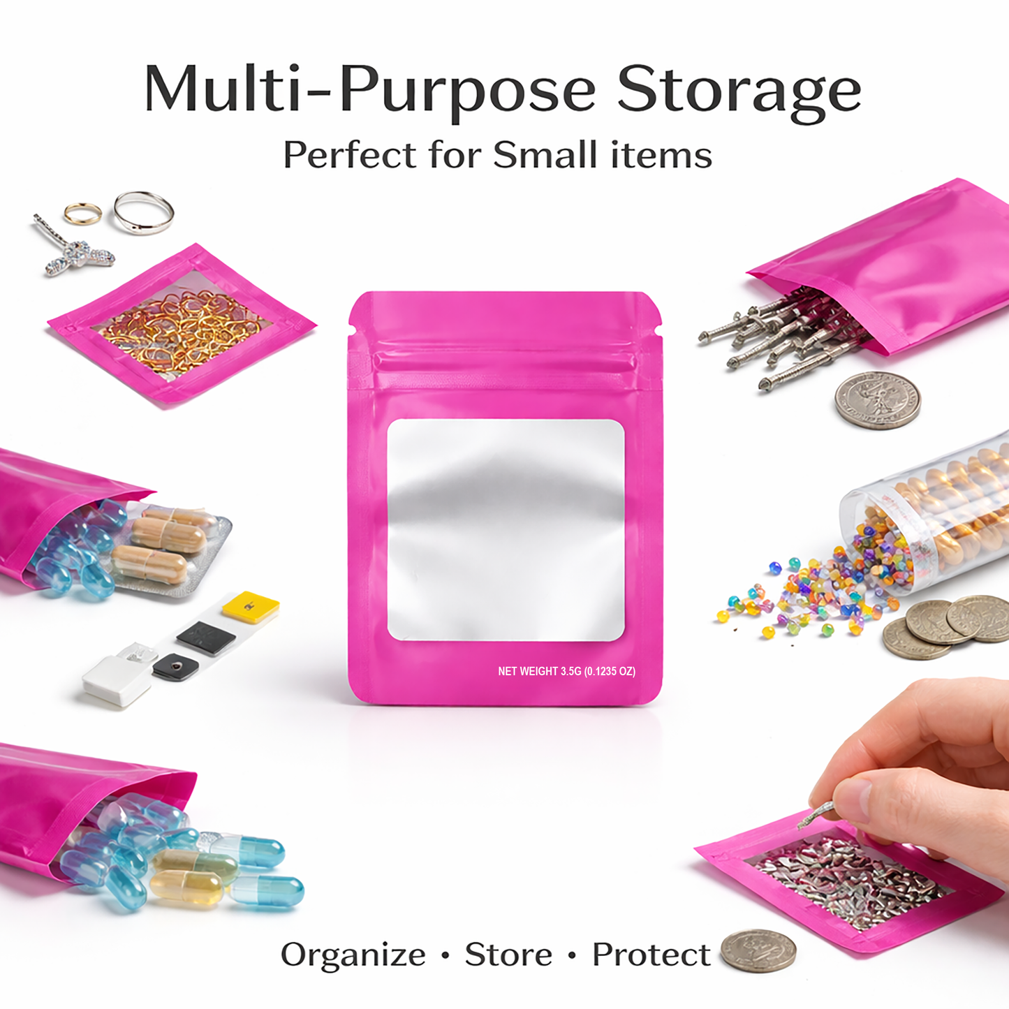 50 Pack – 3.5g Solid Color Mylar Bags with Square Window - Pink