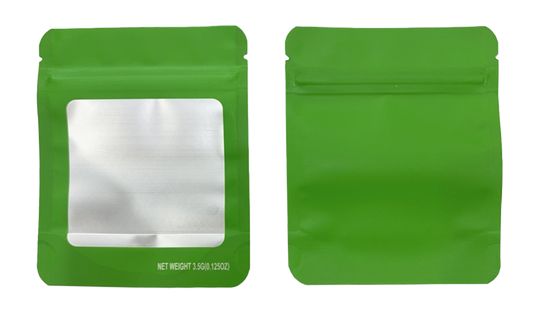 3.5g Solid Color Window Mylar Storage Bag - Green (50 Count)
