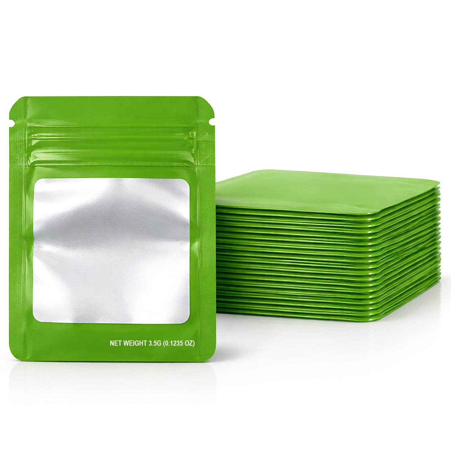 50 Pack – 3.5g Solid Color Mylar Bags with Square Window - Green