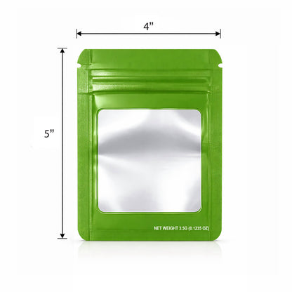 50 Pack – 3.5g Solid Color Mylar Bags with Square Window - Green