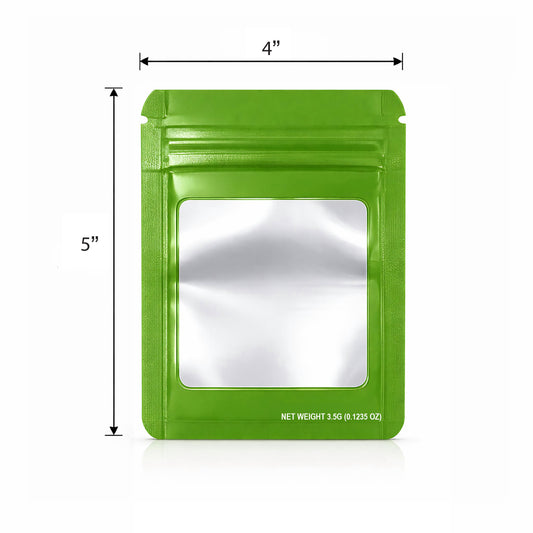 50 Pack – 3.5g Solid Color Mylar Bags with Square Window - Green