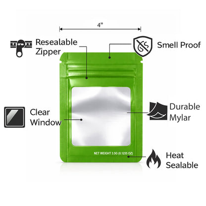 50 Pack – 3.5g Solid Color Mylar Bags with Square Window - Green