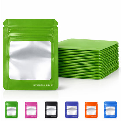50 Pack – 3.5g Solid Color Mylar Bags with Square Window - Green