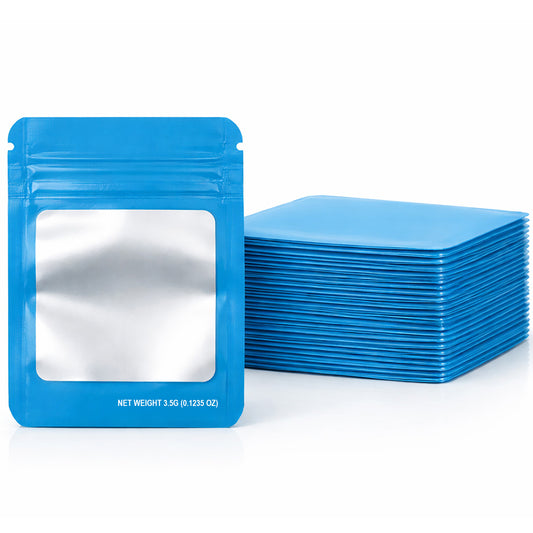 50 Pack – 3.5g Solid Color Mylar Bags with Square Window - Light Blue