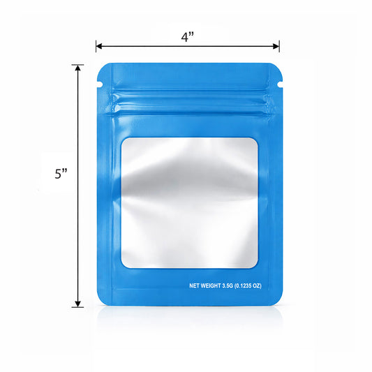 50 Pack – 3.5g Solid Color Mylar Bags with Square Window - Light Blue