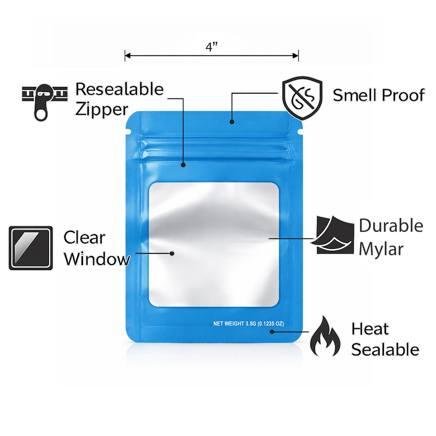 50 Pack – 3.5g Solid Color Mylar Bags with Square Window - Light Blue