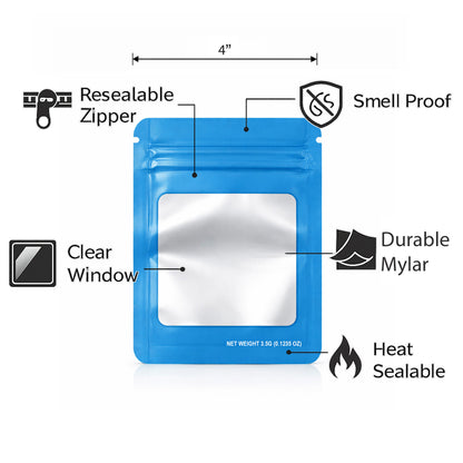 50 Pack – 3.5g Solid Color Mylar Bags with Square Window - Light Blue