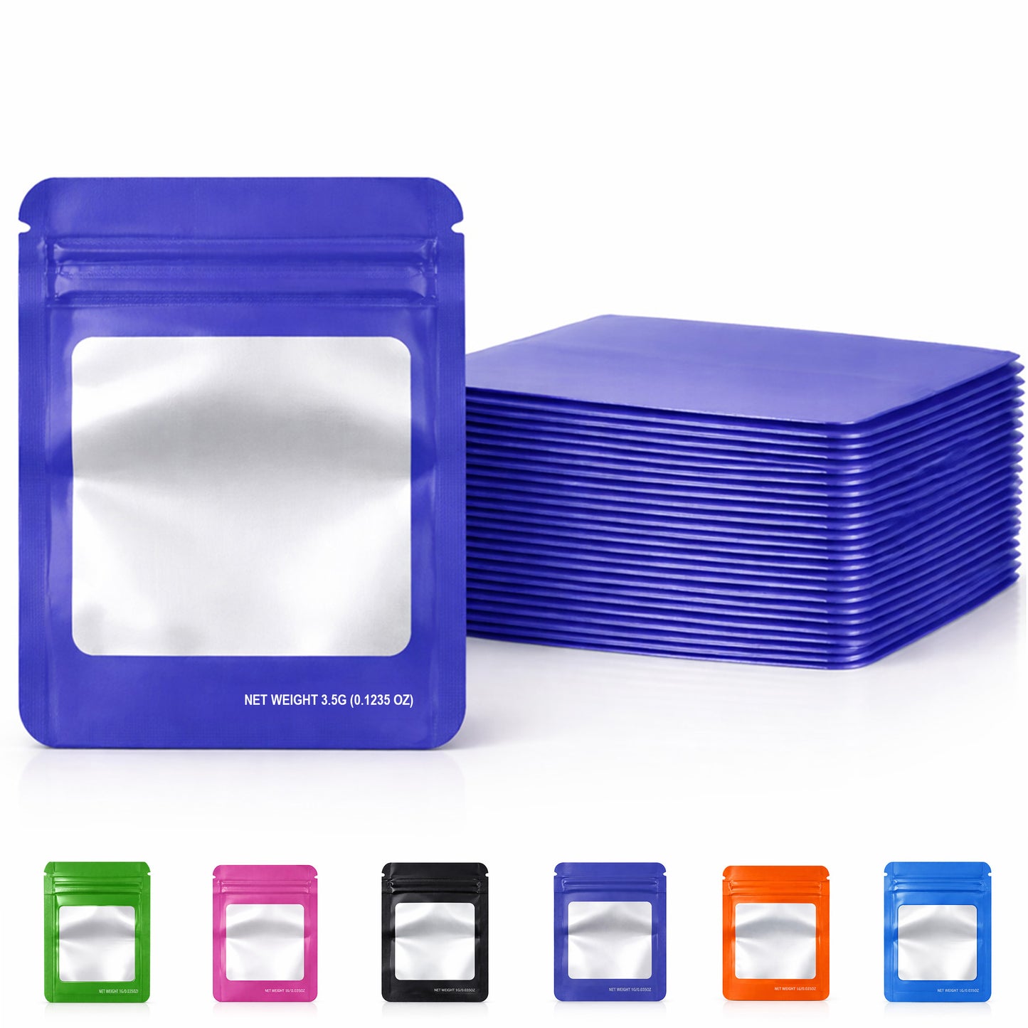 50 Pack – 3.5g Solid Color Mylar Bags with Square Window - Purple