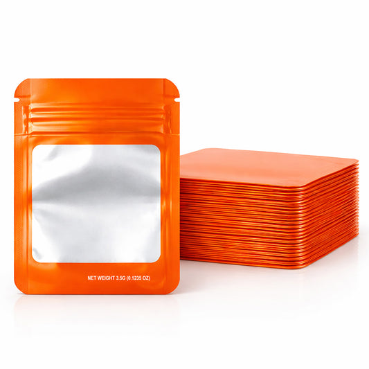 50 Pack – 3.5g Solid Color Mylar Bags with Square Window - Orange