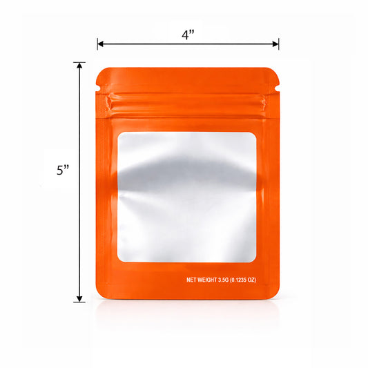 50 Pack – 3.5g Solid Color Mylar Bags with Square Window - Orange
