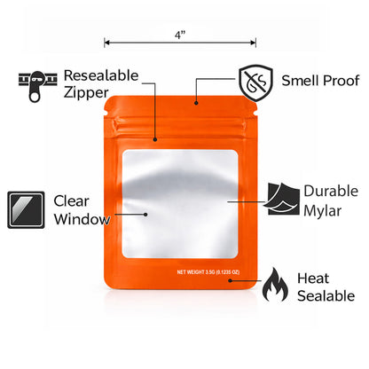 50 Pack – 3.5g Solid Color Mylar Bags with Square Window - Orange