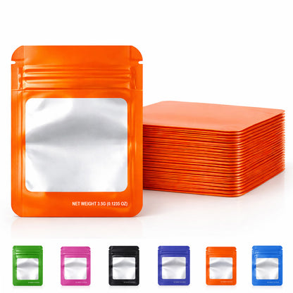 50 Pack – 3.5g Solid Color Mylar Bags with Square Window - Orange