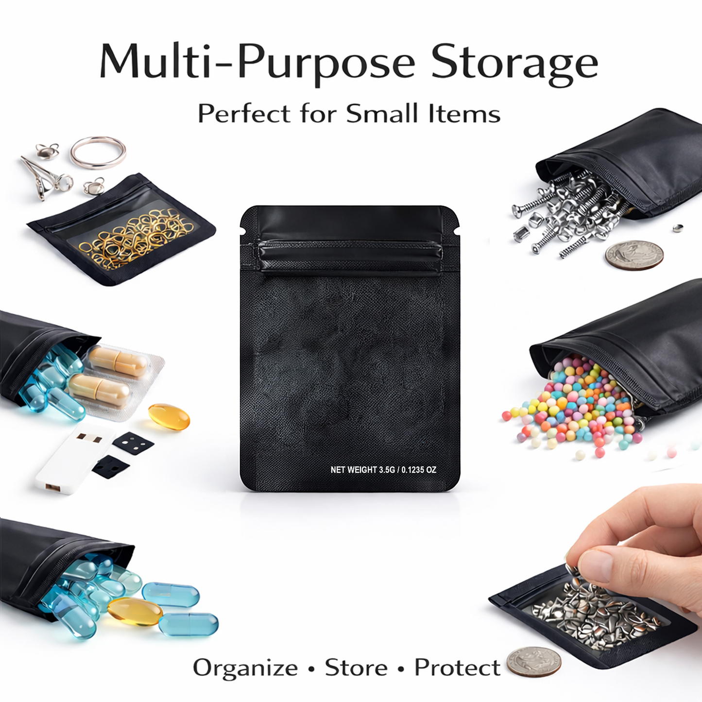50 Pack – 3.5g Solid Color Mylar Bags Plain No Window - Metallic Black
