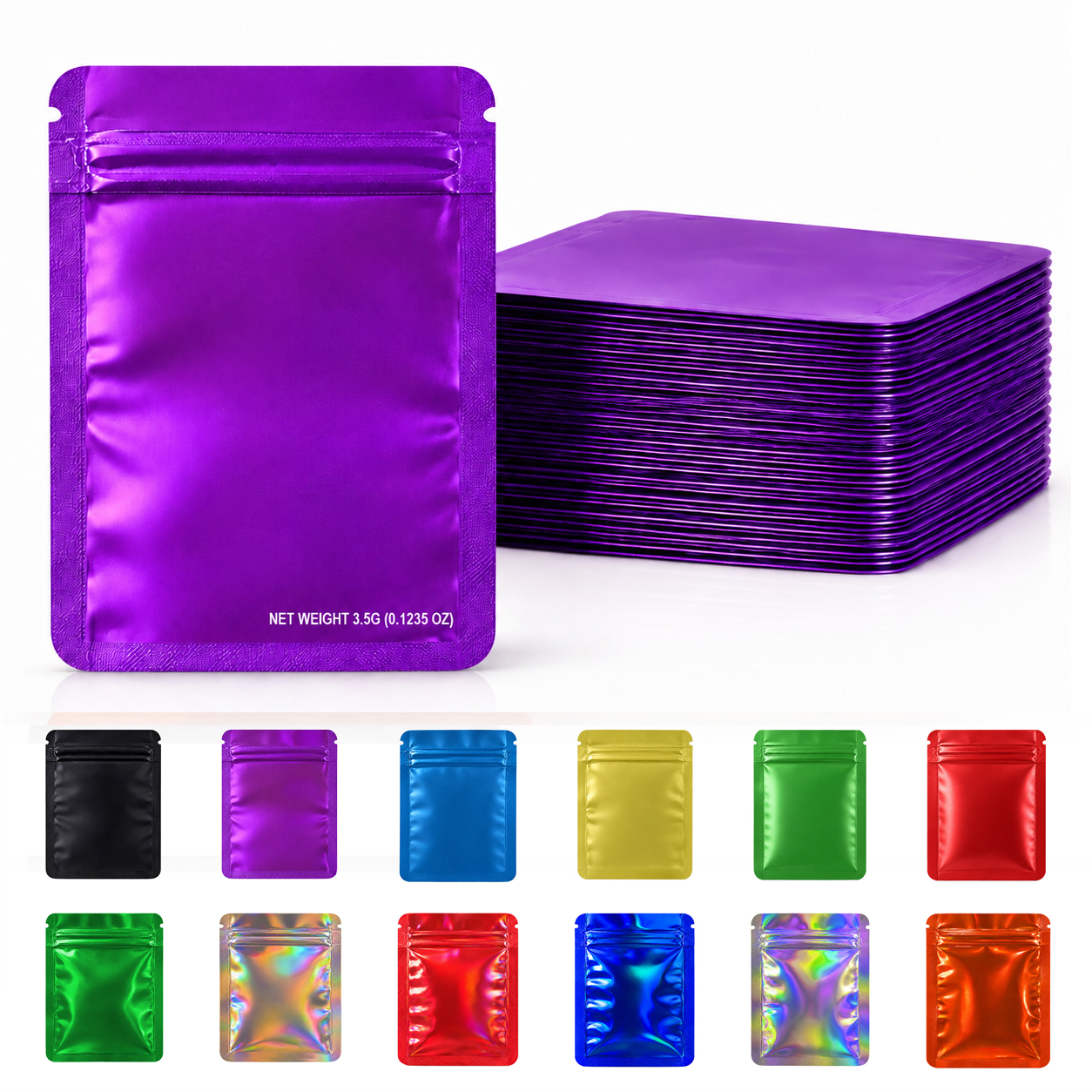 50 Pack – 3.5g Solid Color Mylar Bags Plain No Window - Metallic Purple