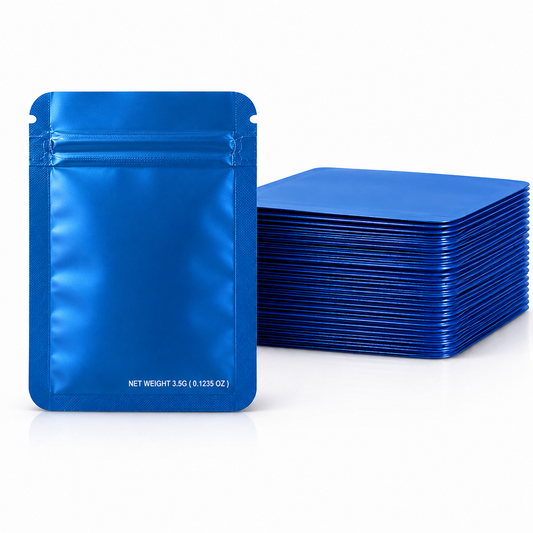 50 Pack – 3.5g Solid Color Mylar Bags Plain No Window - Metallic Blue