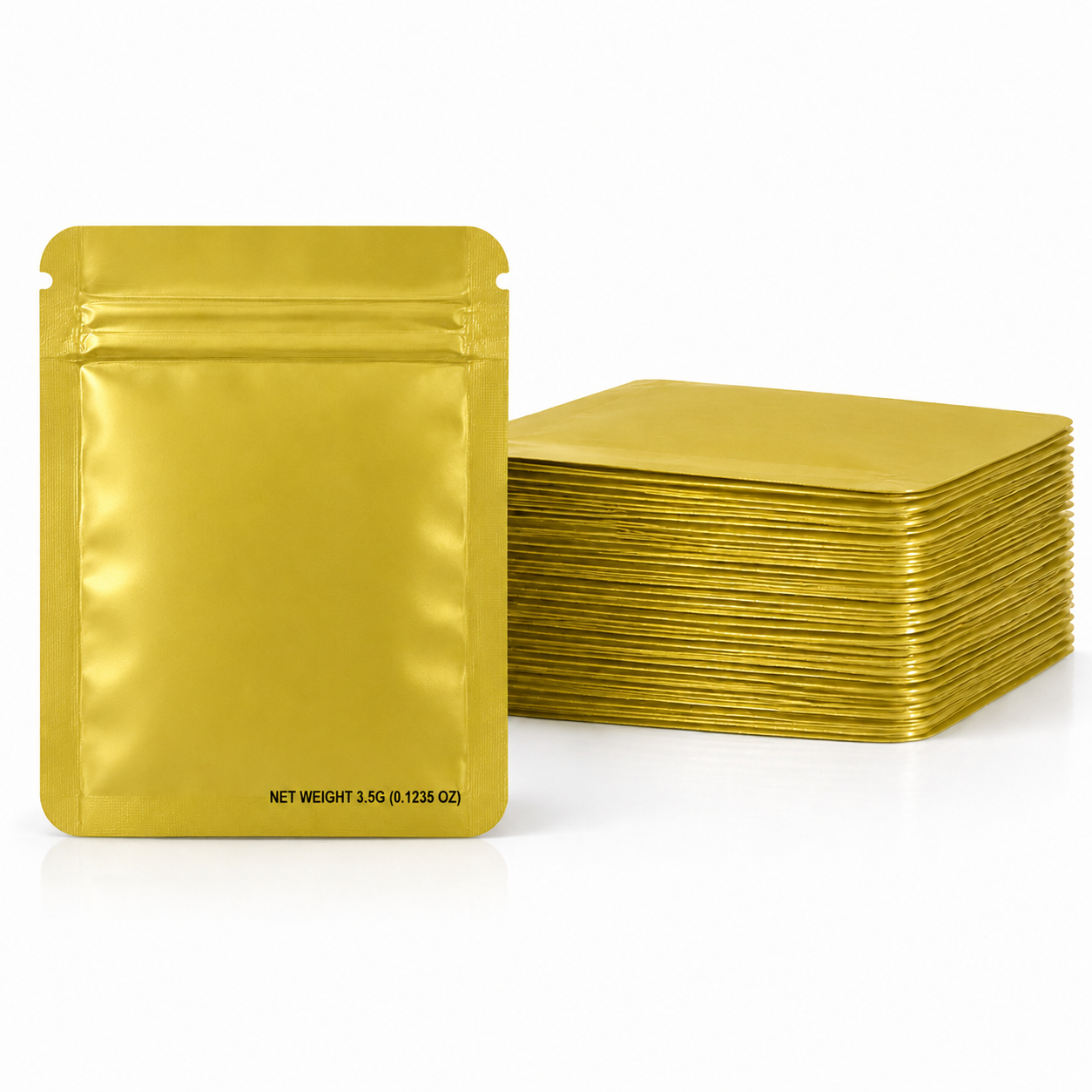 50 Pack – 3.5g Solid Color Mylar Bags Plain No Window - Metallic Gold