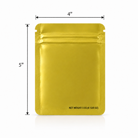 50 Pack – 3.5g Solid Color Mylar Bags Plain No Window - Metallic Gold