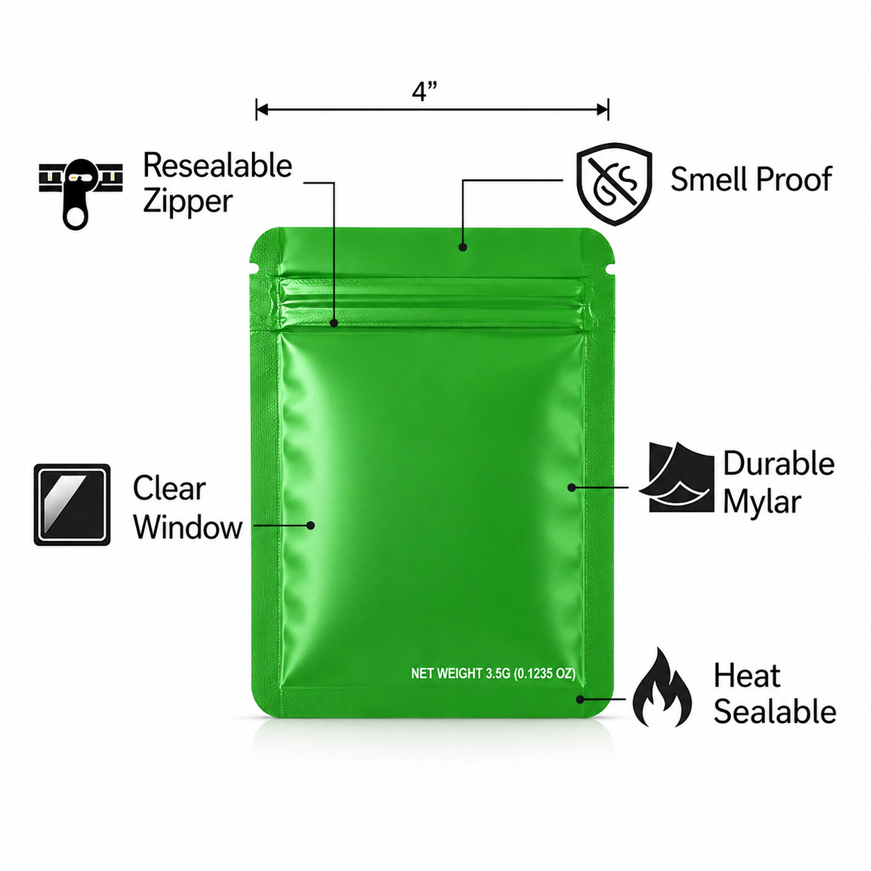 50 Pack – 3.5g Solid Color Mylar Bags Plain No Window - Metallic Forest Green