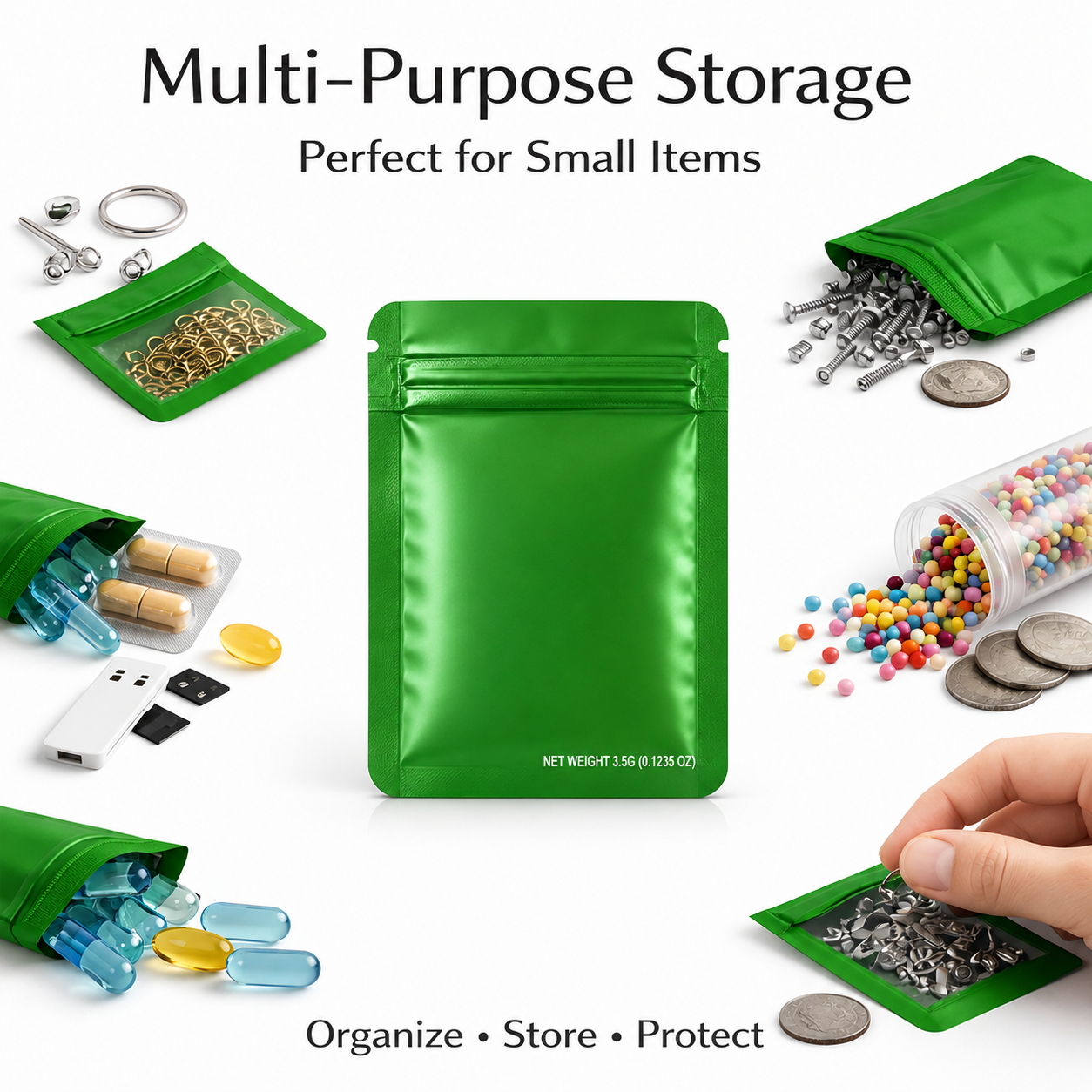 50 Pack – 3.5g Solid Color Mylar Bags Plain No Window - Metallic Forest Green