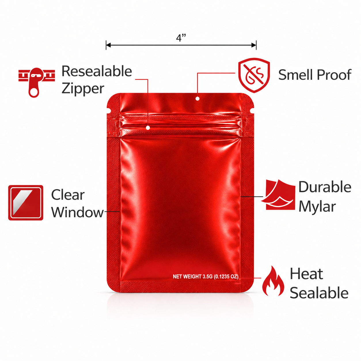 50 Pack – 3.5g Solid Color Mylar Bags Plain No Window - Metallic Red