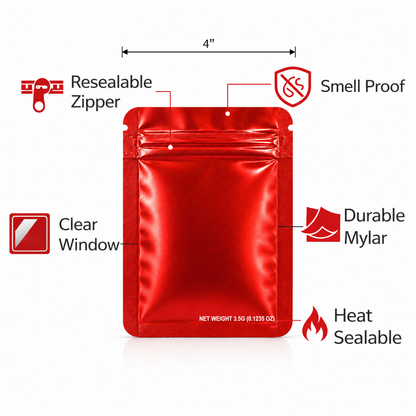 50 Pack – 3.5g Solid Color Mylar Bags Plain No Window - Metallic Red