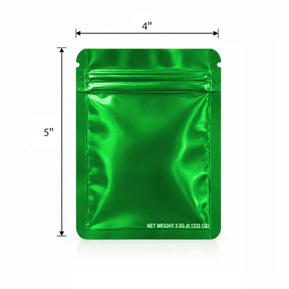 50 Pack – 3.5g Solid Color Mylar Bags Plain No Window - Metallic Glossy Green