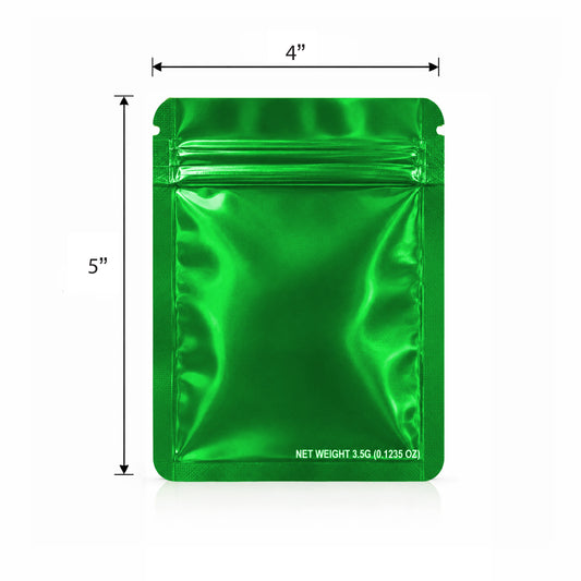 50 Pack – 3.5g Solid Color Mylar Bags Plain No Window - Metallic Glossy Green
