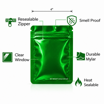 50 Pack – 3.5g Solid Color Mylar Bags Plain No Window - Metallic Glossy Green