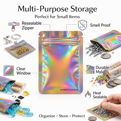 50 Pack – 3.5g Solid Color Mylar Bags Plain No Window - Metallic Holographic