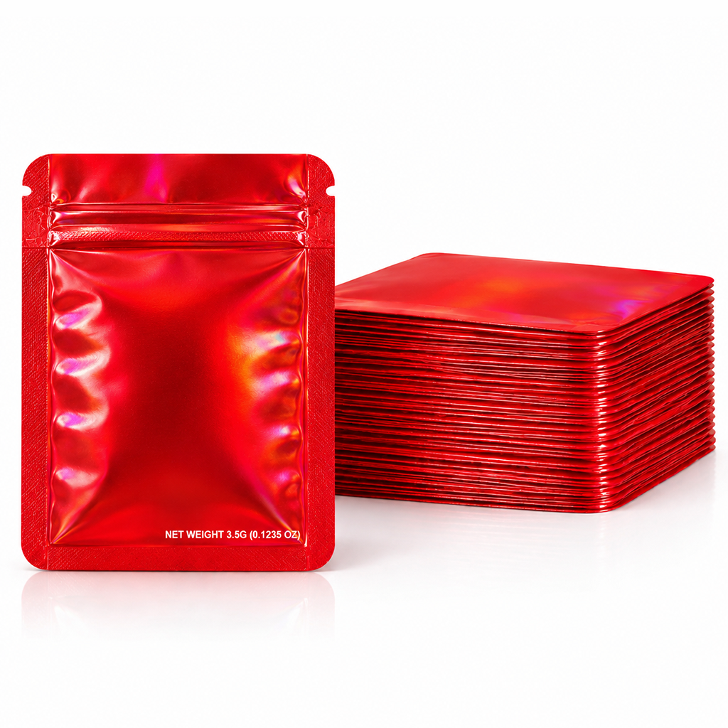 50 Pack – 3.5g Solid Color Mylar Bags Plain No Window - Metallic Hot Red
