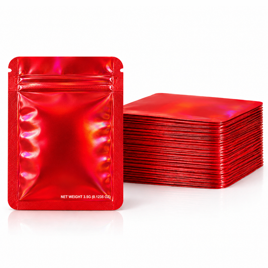 50 Pack – 3.5g Solid Color Mylar Bags Plain No Window - Metallic Hot Red