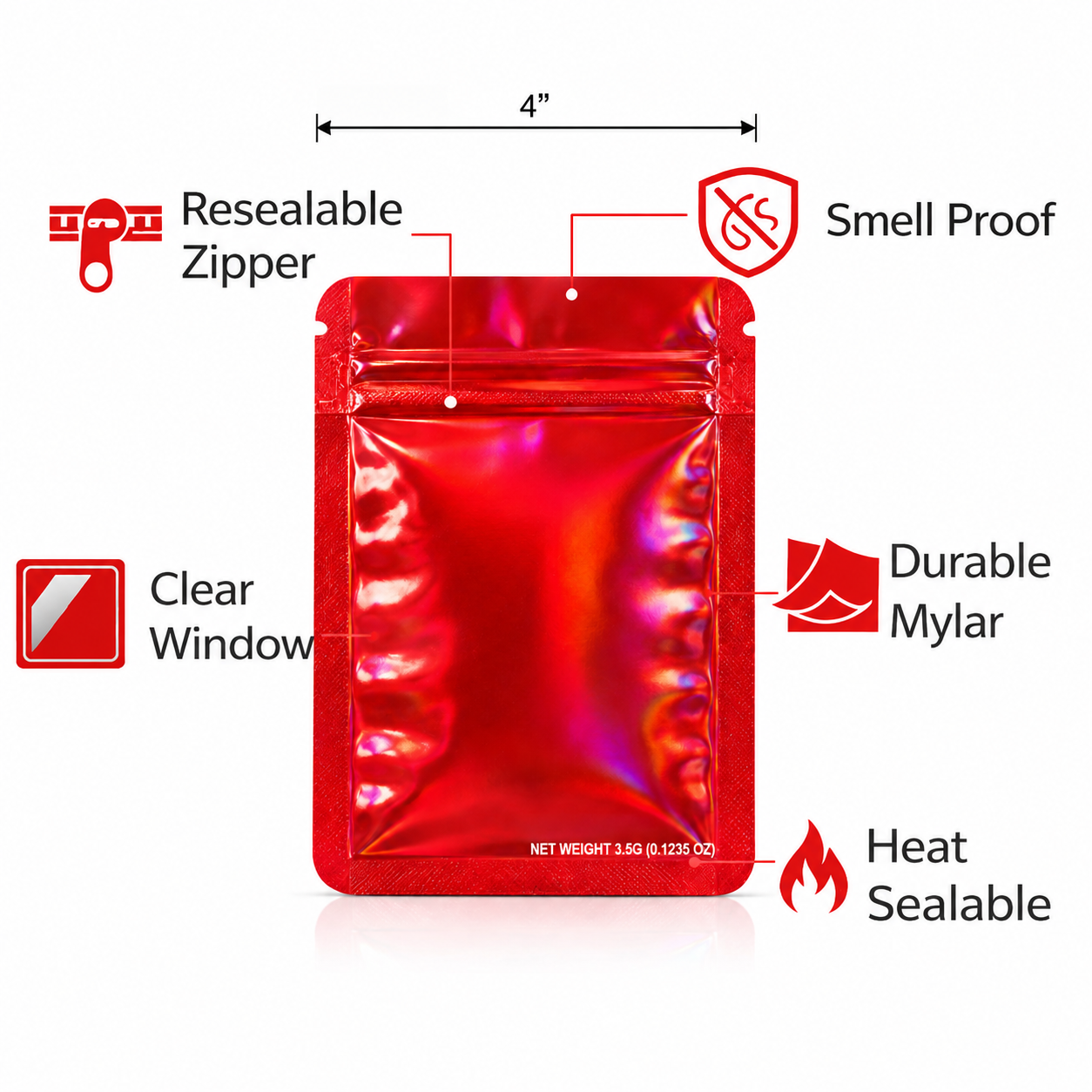 50 Pack – 3.5g Solid Color Mylar Bags Plain No Window - Metallic Hot Red