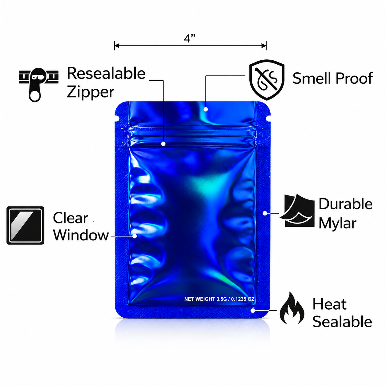 50 Pack – 3.5g Solid Color Mylar Bags Plain No Window - Metallic Royal Blue