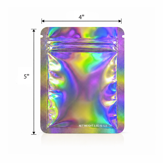 50 Pack – 3.5g Solid Color Mylar Bags Plain No Window - Metallic Rainbow Holographic