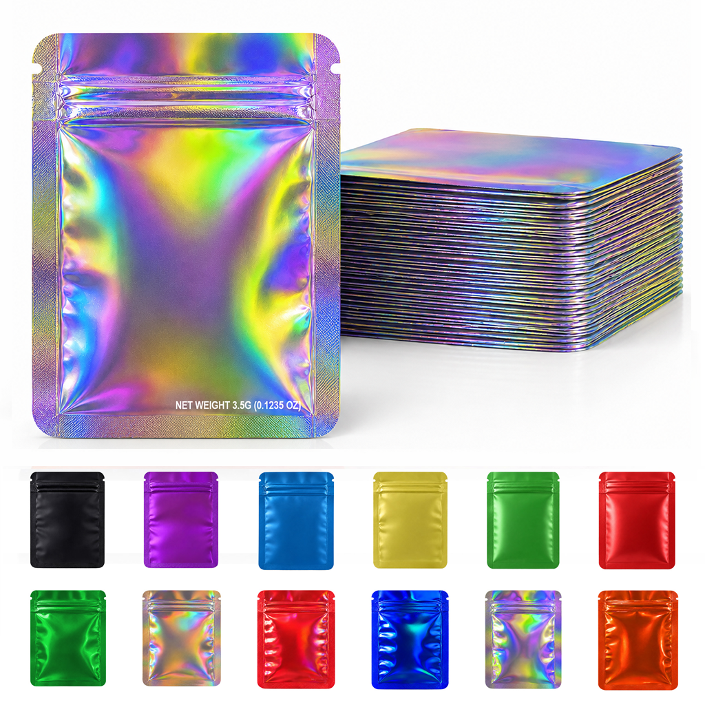50 Pack – 3.5g Solid Color Mylar Bags Plain No Window - Metallic Rainbow Holographic