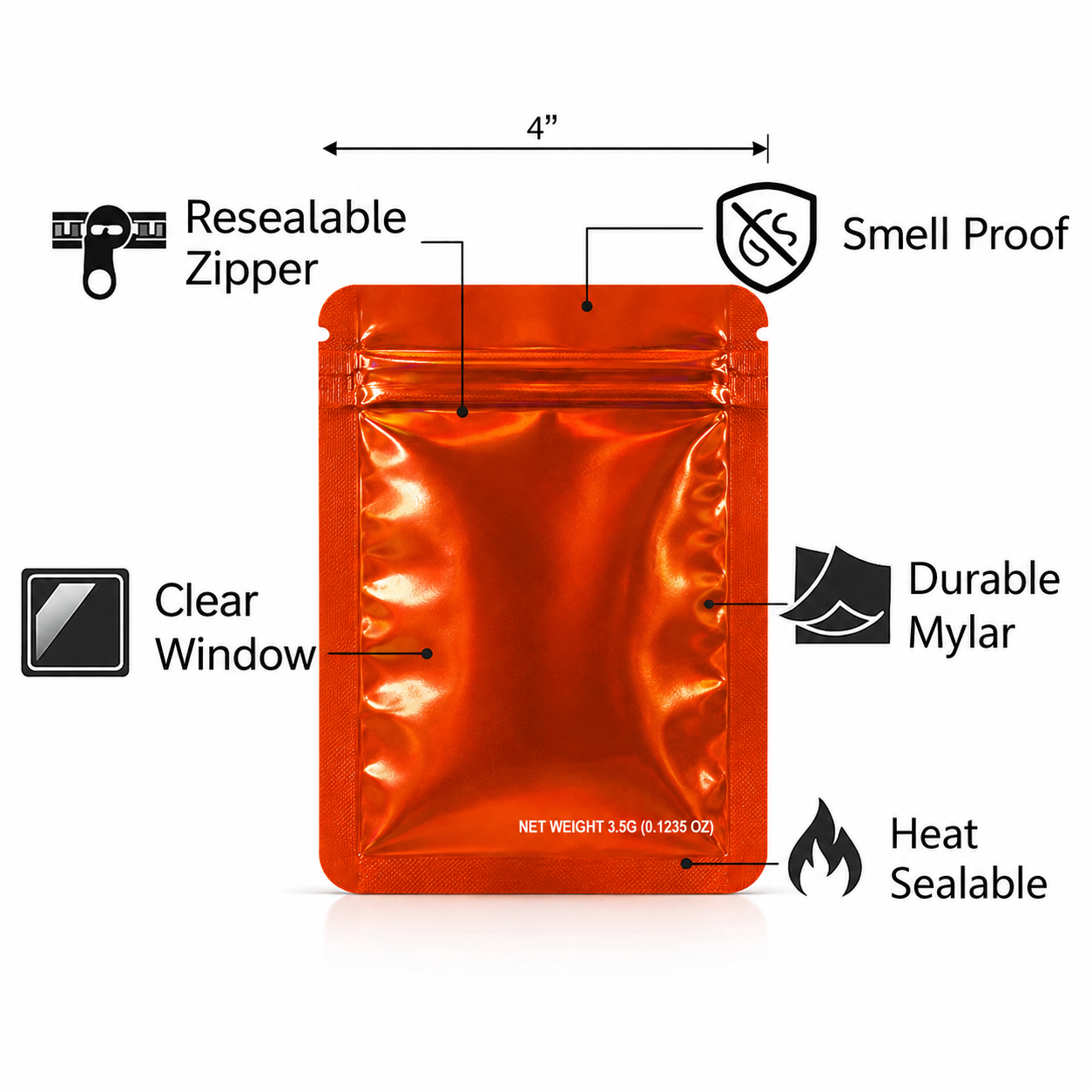 50 Pack – 3.5g Solid Color Mylar Bags Plain No Window - Metallic Orange